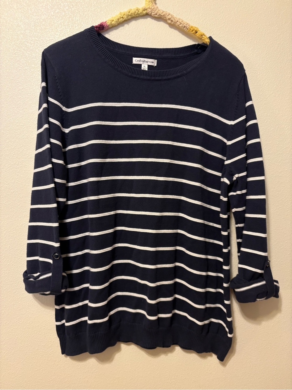 Croft & Barrow Black and White Striped Knit Boatneck Sweater - Roll Tab Sleeves
